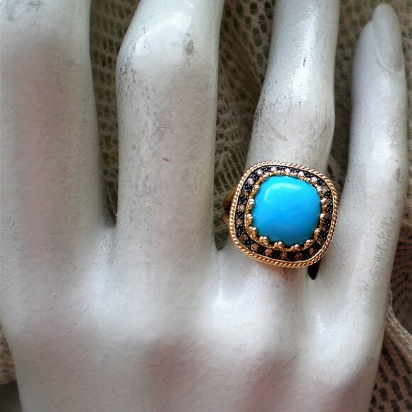 14K Yellow Gold Sleeping Beauty Turquoise Champagne Diamond Cluster Halo Ring